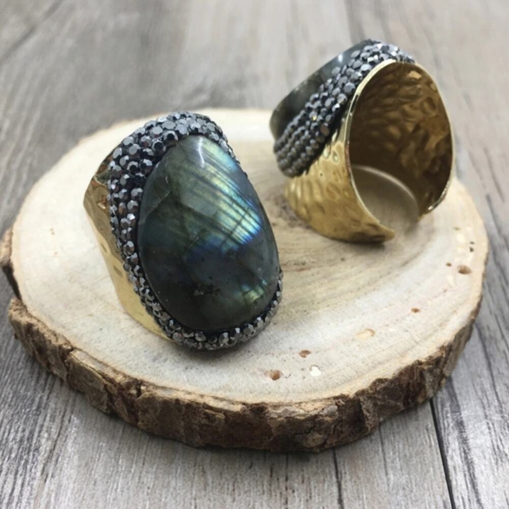 Adjustable Genuine Labradorite Gold Hammered Ring